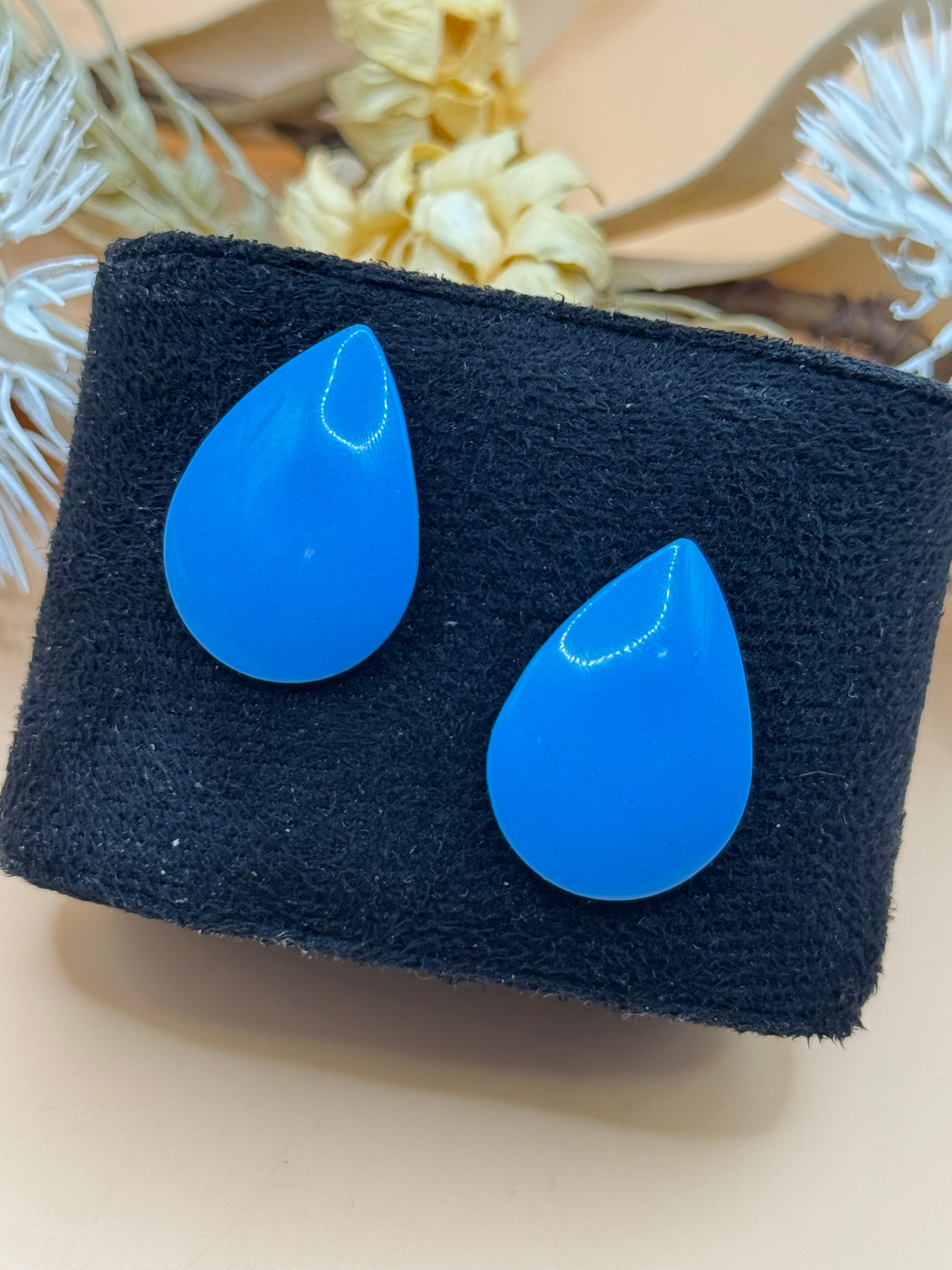 Cobalt Blue Teardrop Stud Earrings Matte Finish Bold Retro Statement Pierced