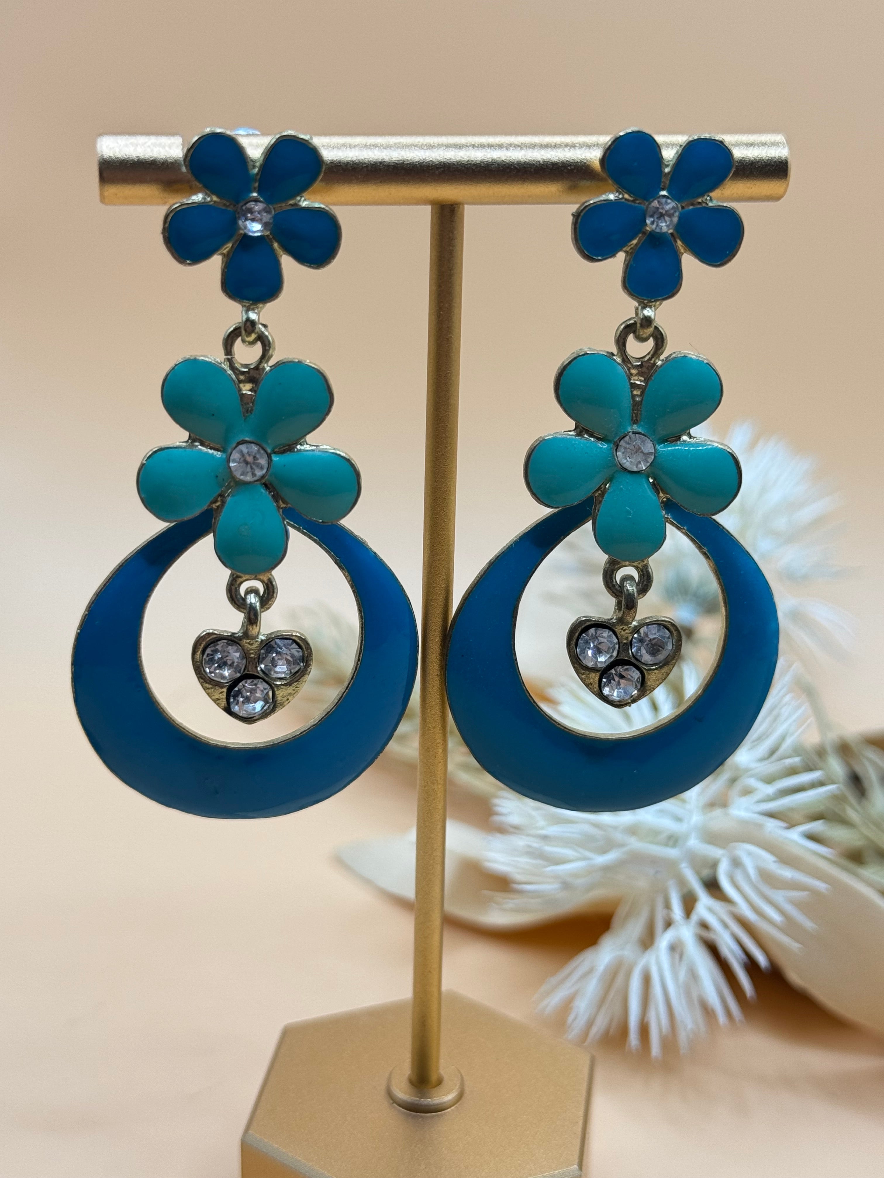 Blue Enamel Flower Heart Rhinestone Dangle Earrings Retro Statement Pierced