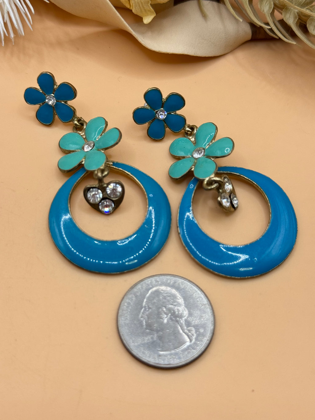 Blue Enamel Flower Heart Rhinestone Dangle Earrings Retro Statement Pierced