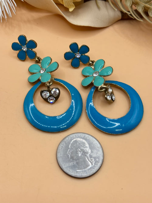 Blue Enamel Flower Heart Rhinestone Dangle Earrings Retro Statement Pierced