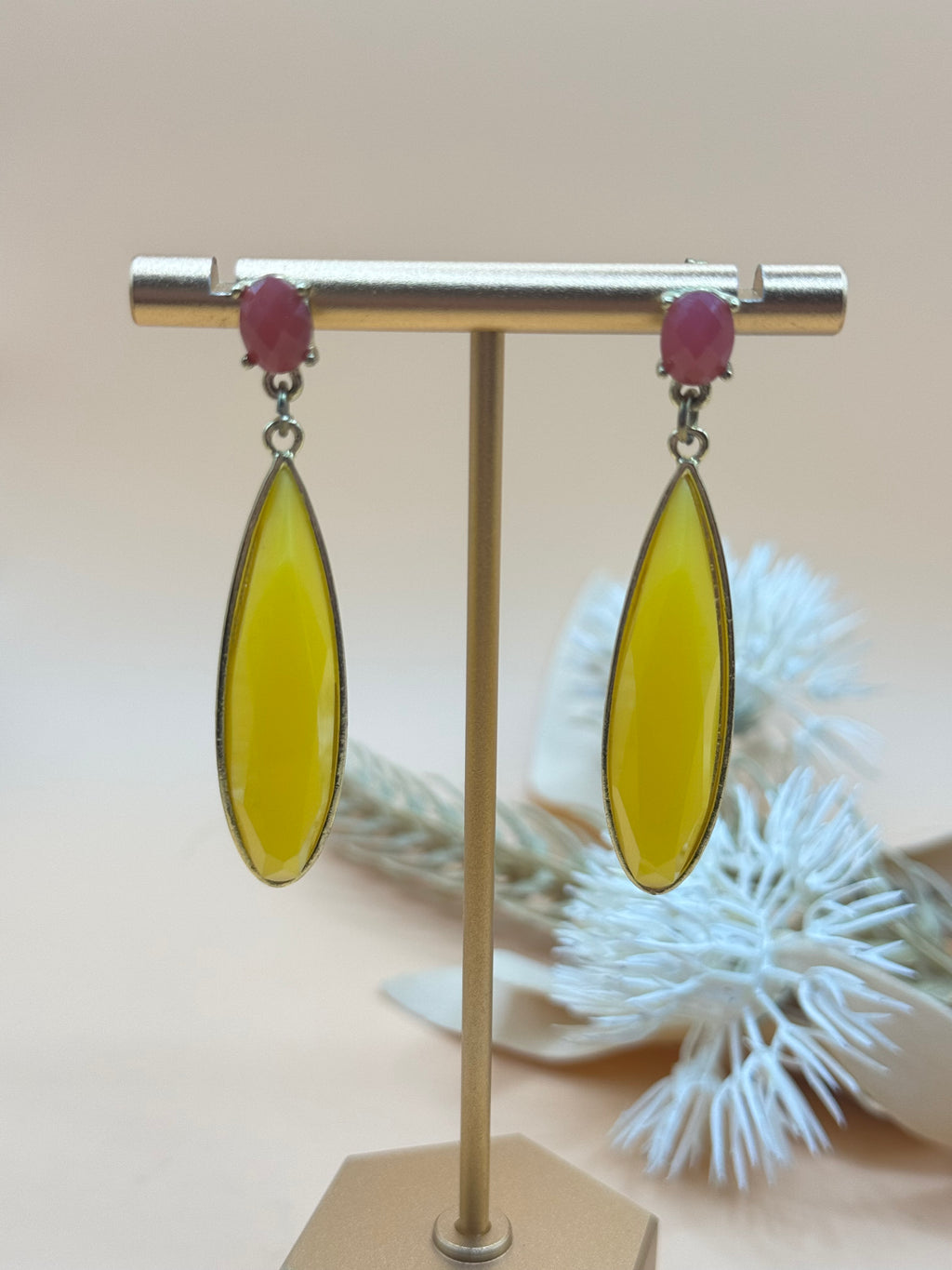 Yellow Marquise Drop Earrings Pink Faceted Stud Silver Tone Statement Pierced