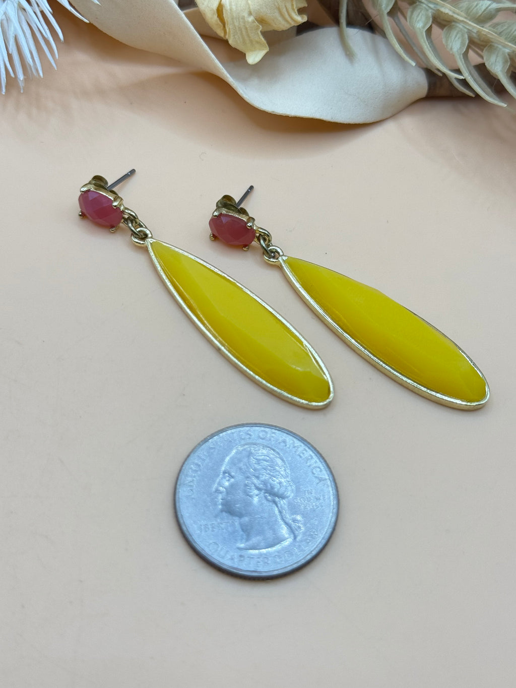 Yellow Marquise Drop Earrings Pink Faceted Stud Silver Tone Statement Pierced