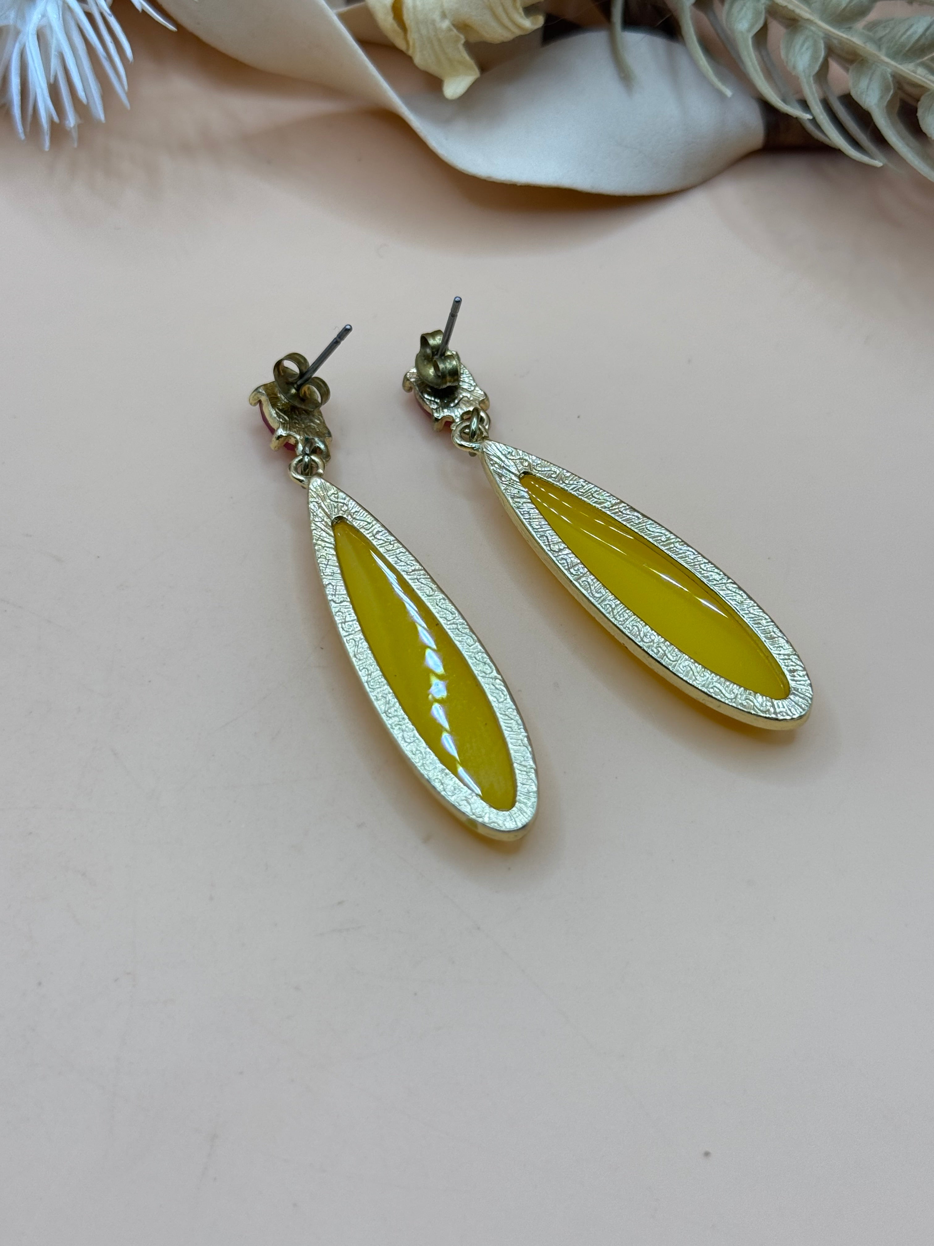 Yellow Marquise Drop Earrings Pink Faceted Stud Silver Tone Statement Pierced