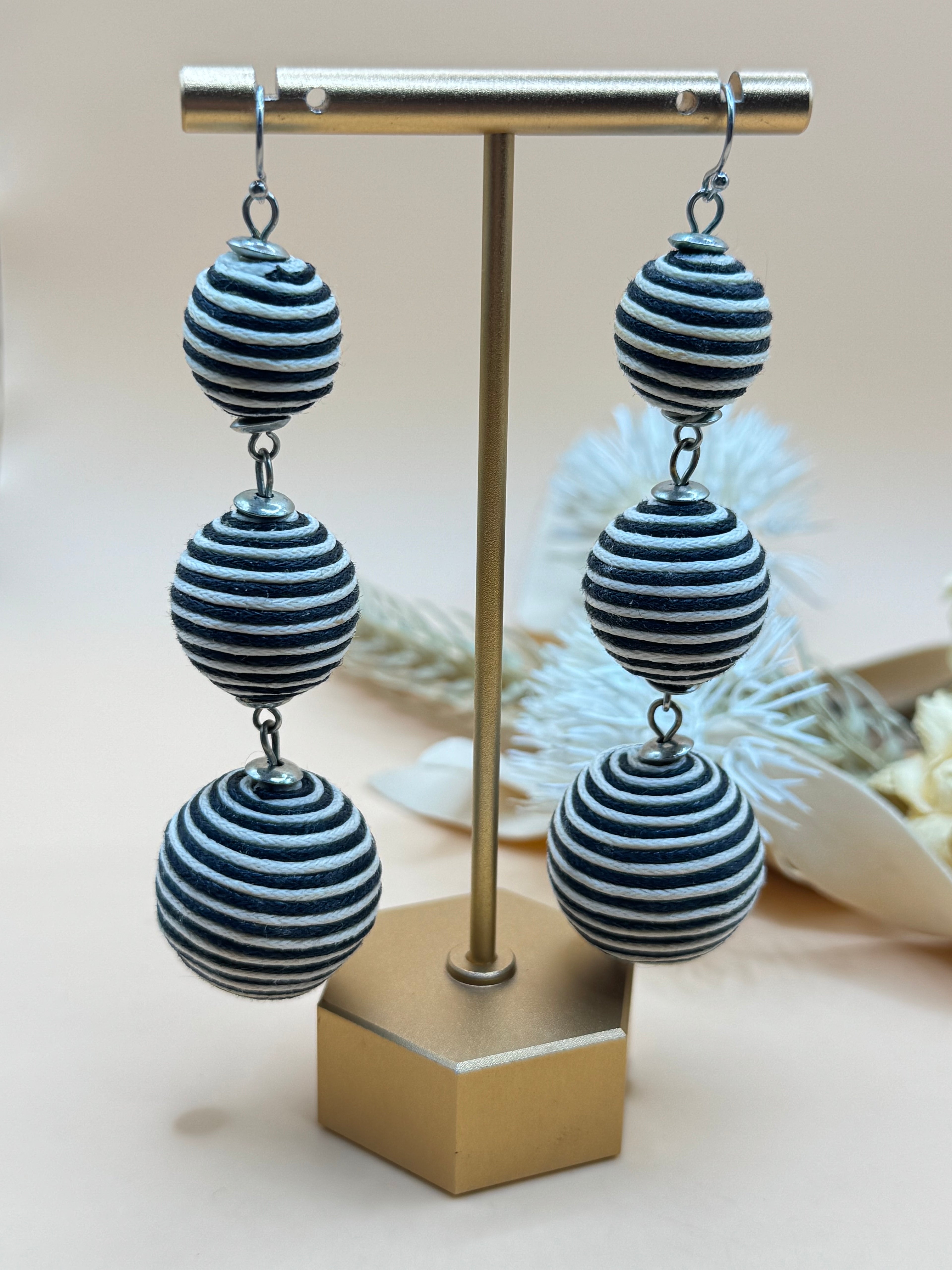 Black White Striped Triple Bead Dangle Earrings Boho Statement Pierced Retro