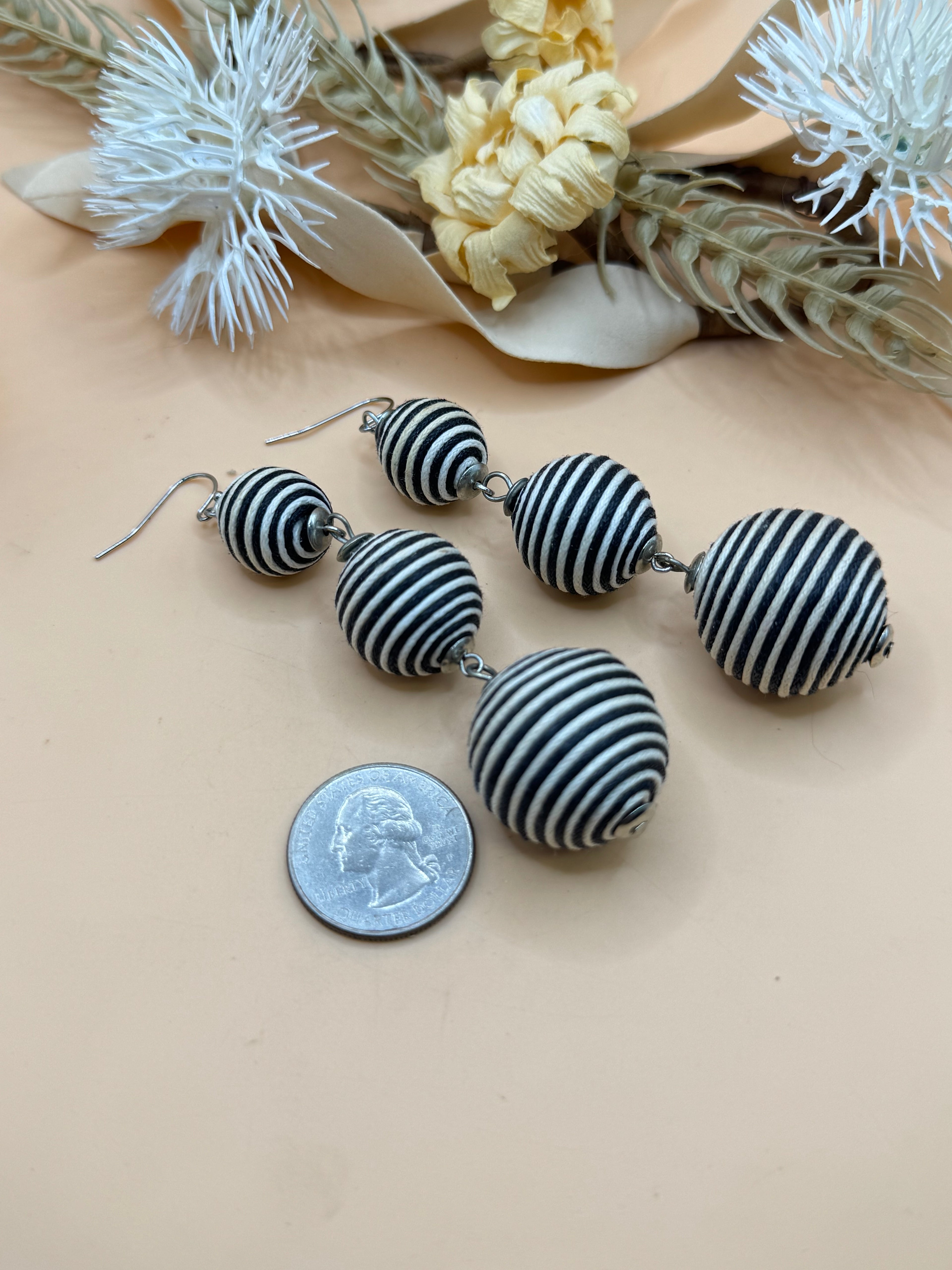 Black White Striped Triple Bead Dangle Earrings Boho Statement Pierced Retro