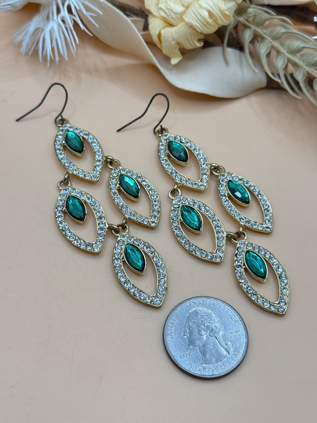 Emerald Green Rhinestone Chandelier Earrings Gold Tone Statement Pierced