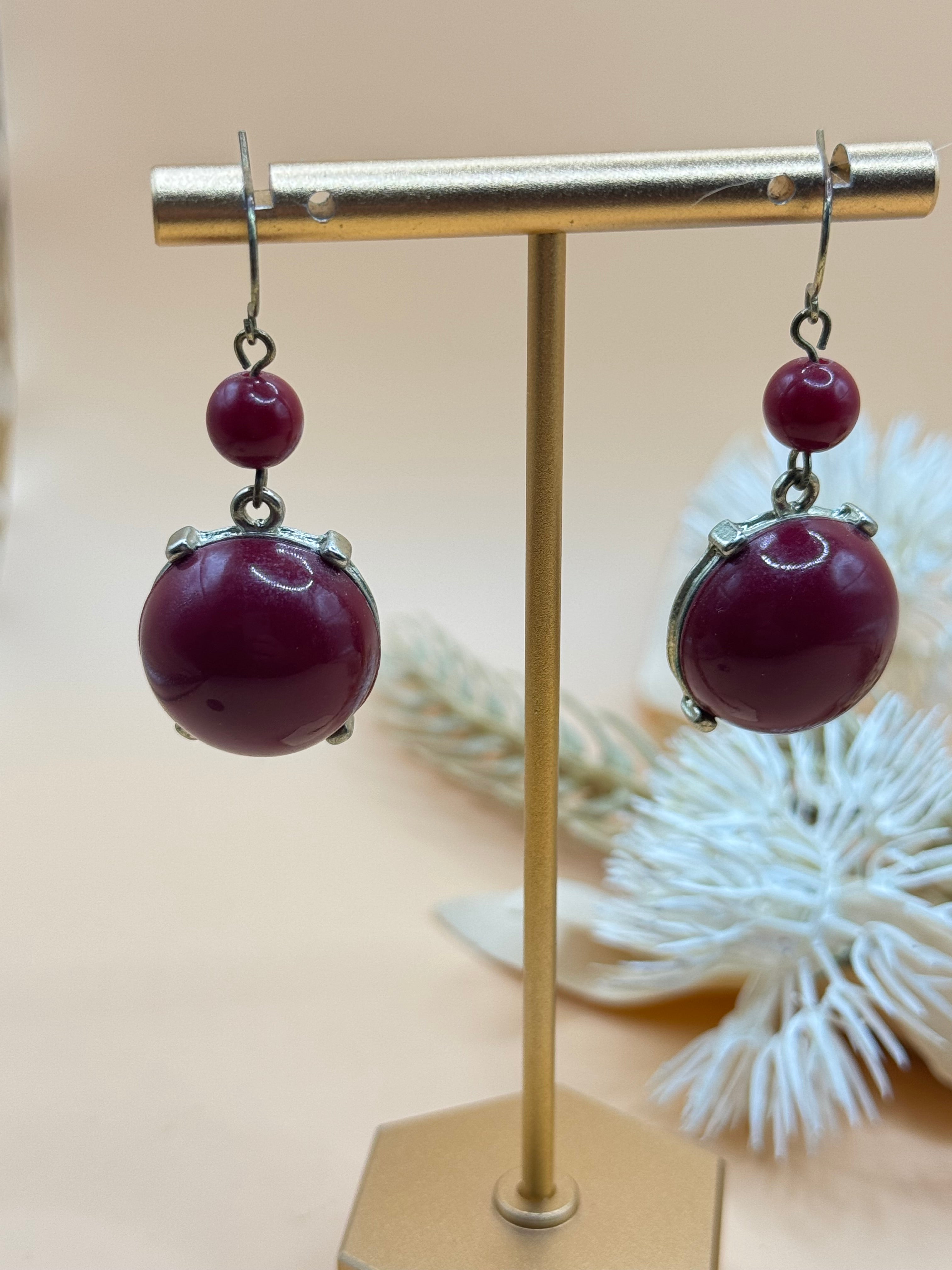 Burgundy Bead Gold Tone Round Dangle Earrings Pierced Statement Drop