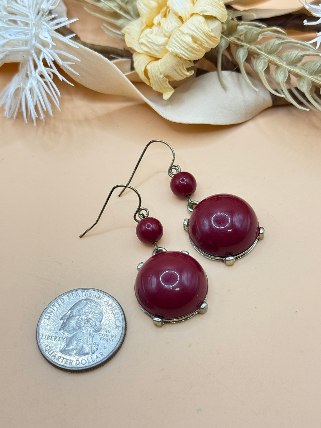 Burgundy Bead Gold Tone Round Dangle Earrings Pierced Statement Drop