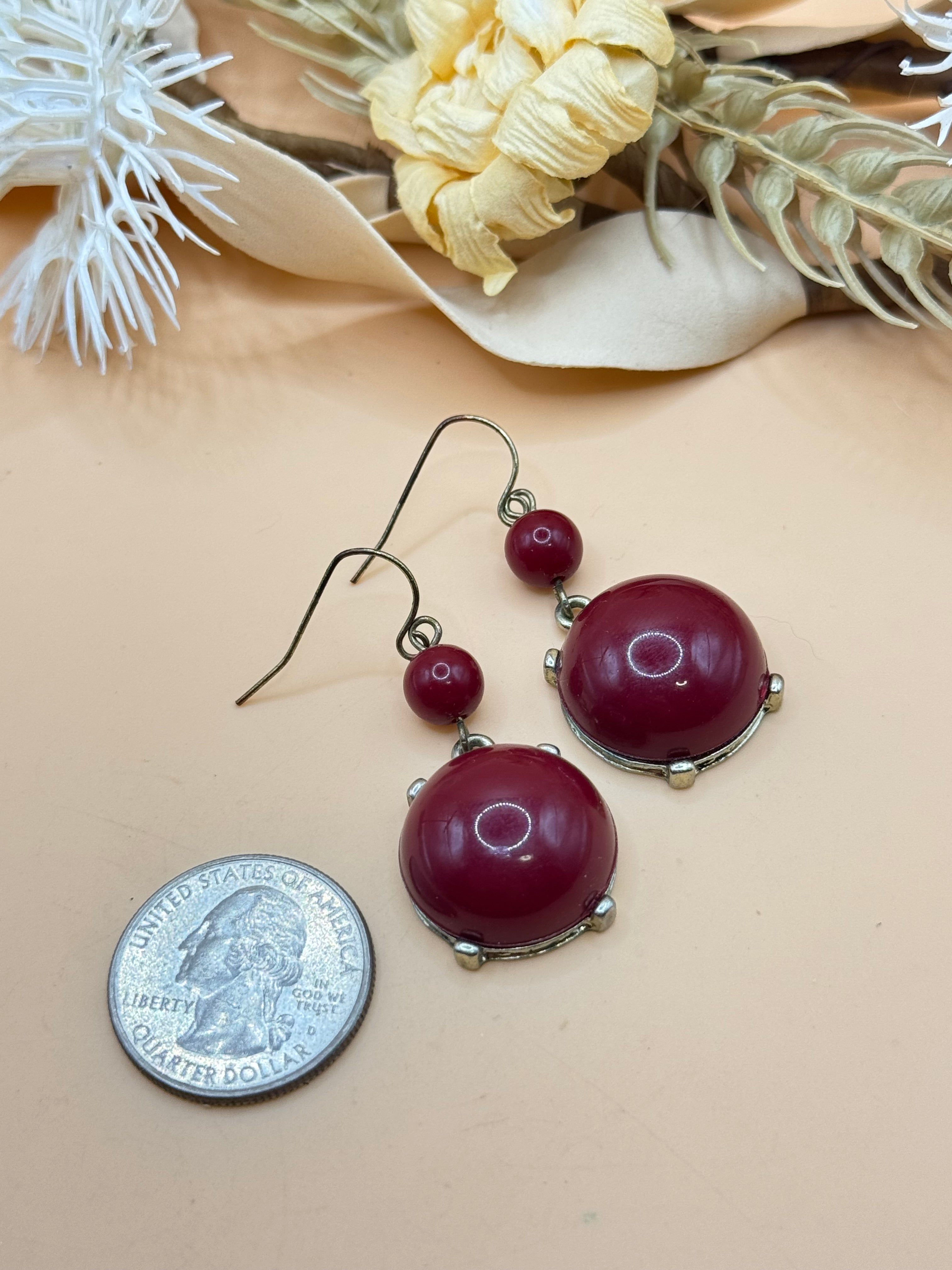 Burgundy Bead Gold Tone Round Dangle Earrings Pierced Statement Drop