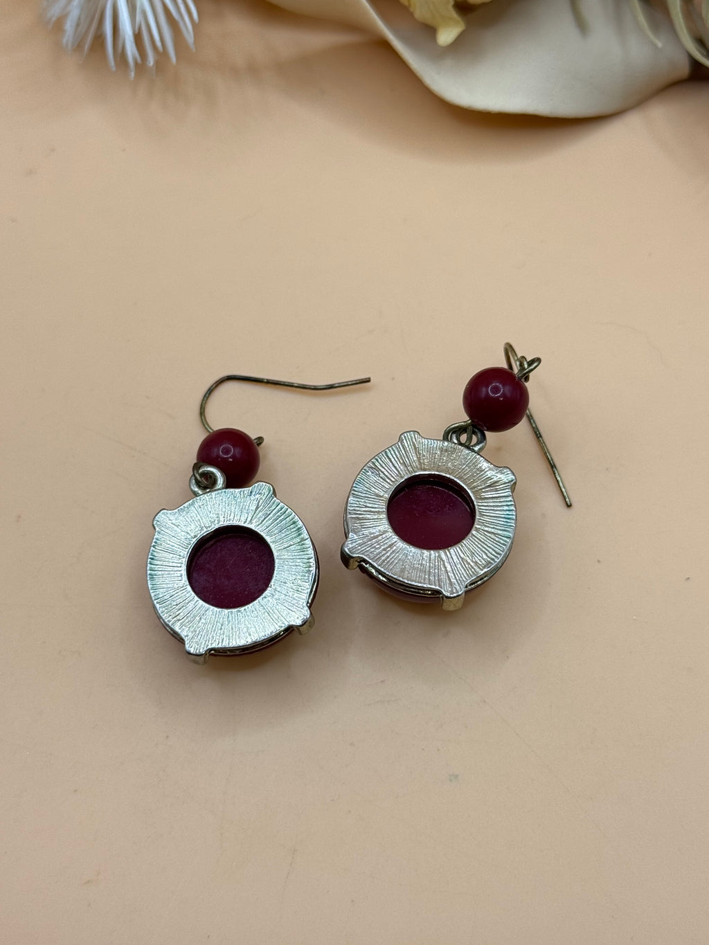 Burgundy Bead Gold Tone Round Dangle Earrings Pierced Statement Drop
