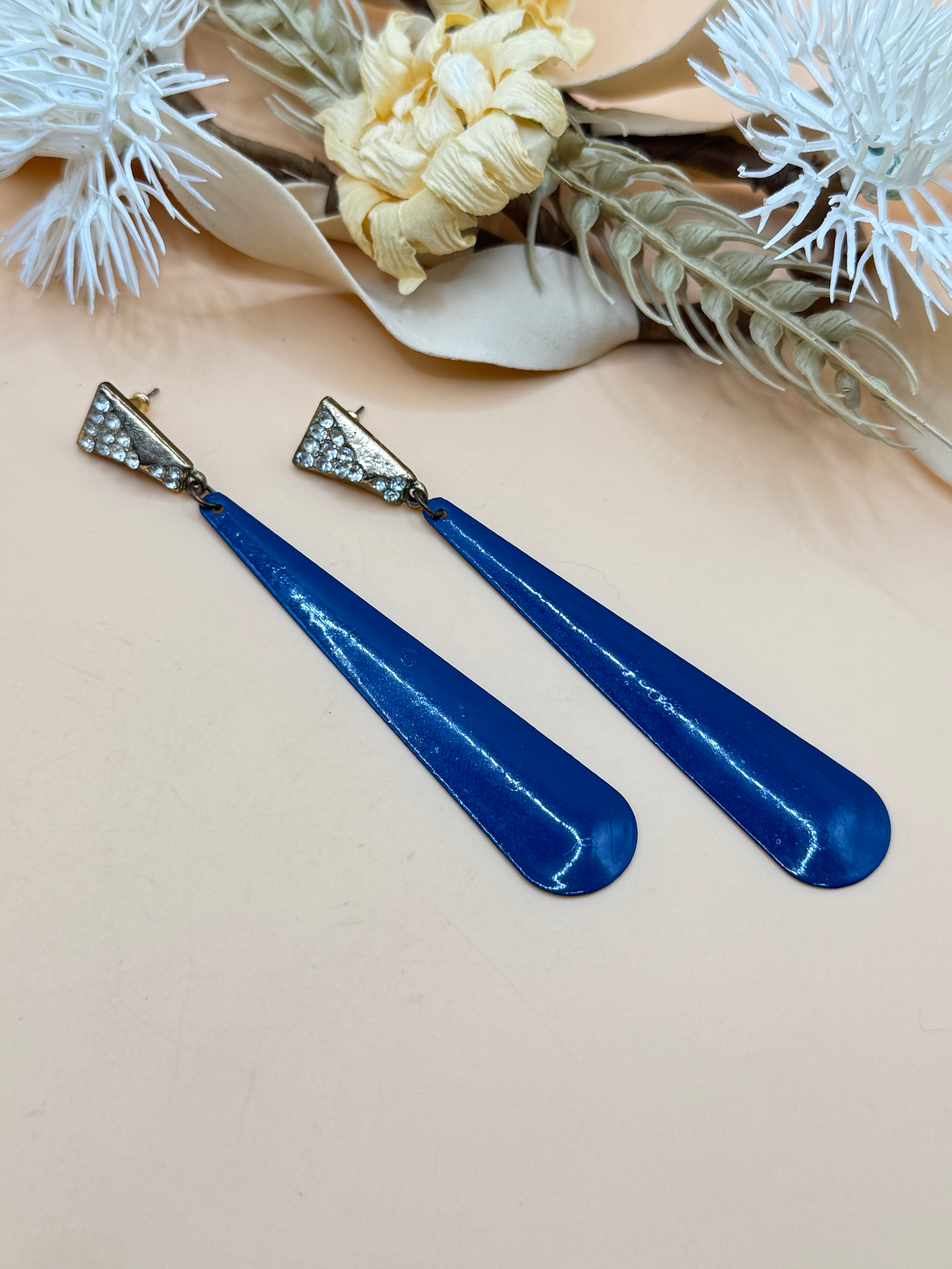 Vintage Blue Enamel Rhinestone Long Dangle Earrings Gold Tone Pierced