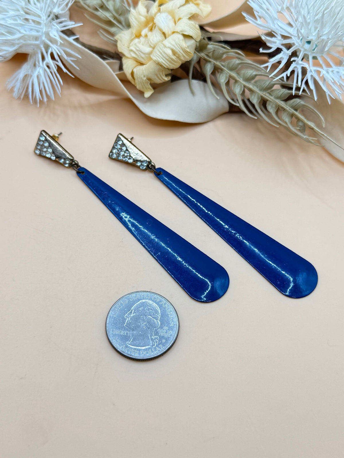 Vintage Blue Enamel Rhinestone Long Dangle Earrings Gold Tone Pierced