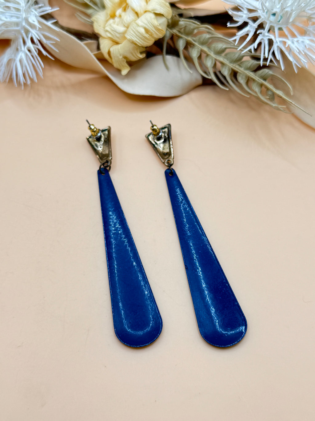 Vintage Blue Enamel Rhinestone Long Dangle Earrings Gold Tone Pierced