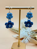 Blue Double Flower Rhinestone Dangle Earrings Silver Tone Pierced