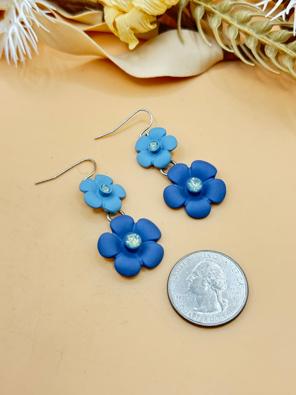 Blue Double Flower Rhinestone Dangle Earrings Silver Tone Pierced