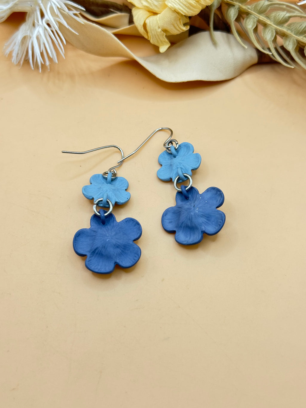 Blue Double Flower Rhinestone Dangle Earrings Silver Tone Pierced