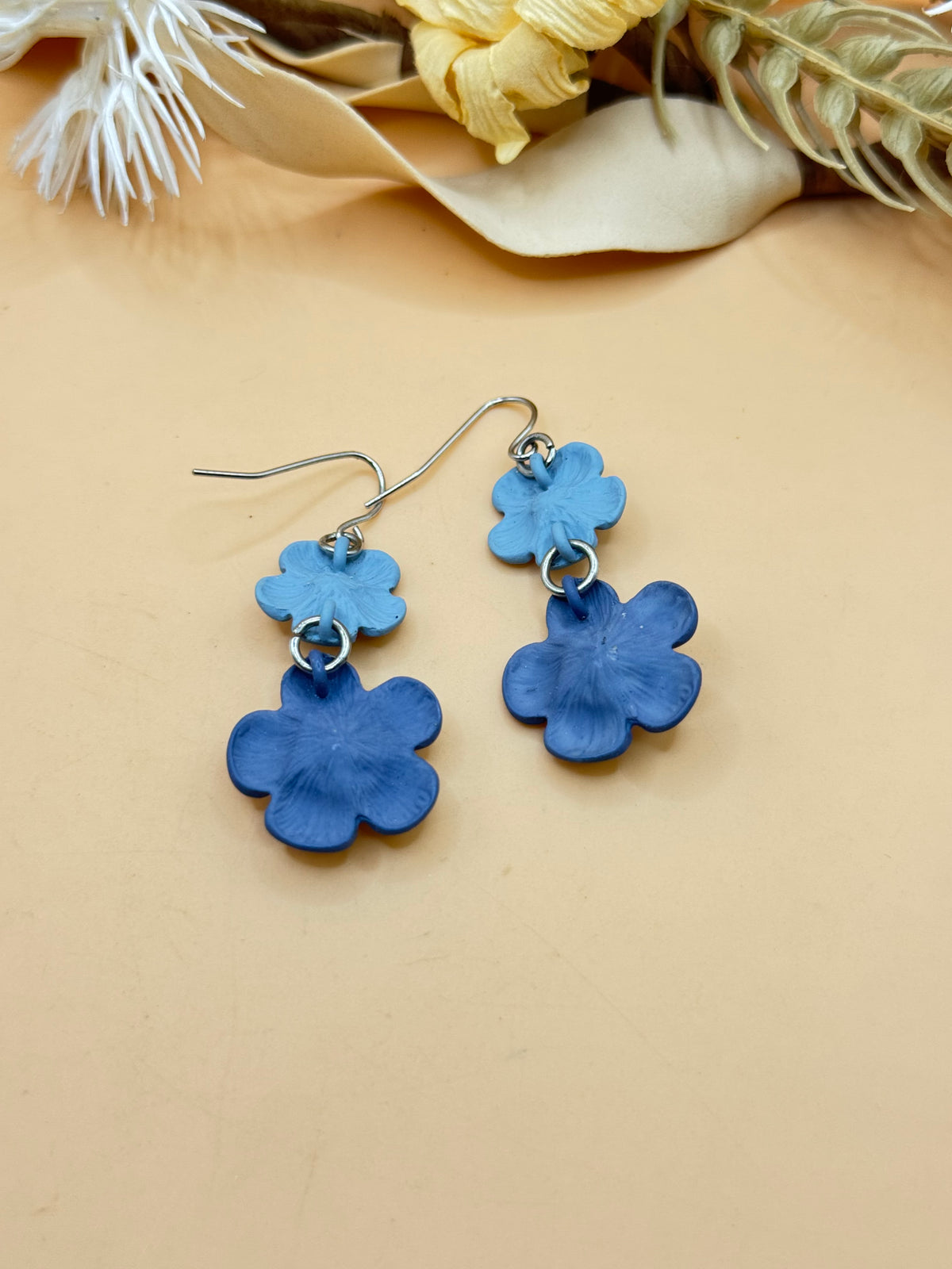 Blue Double Flower Rhinestone Dangle Earrings Silver Tone Pierced