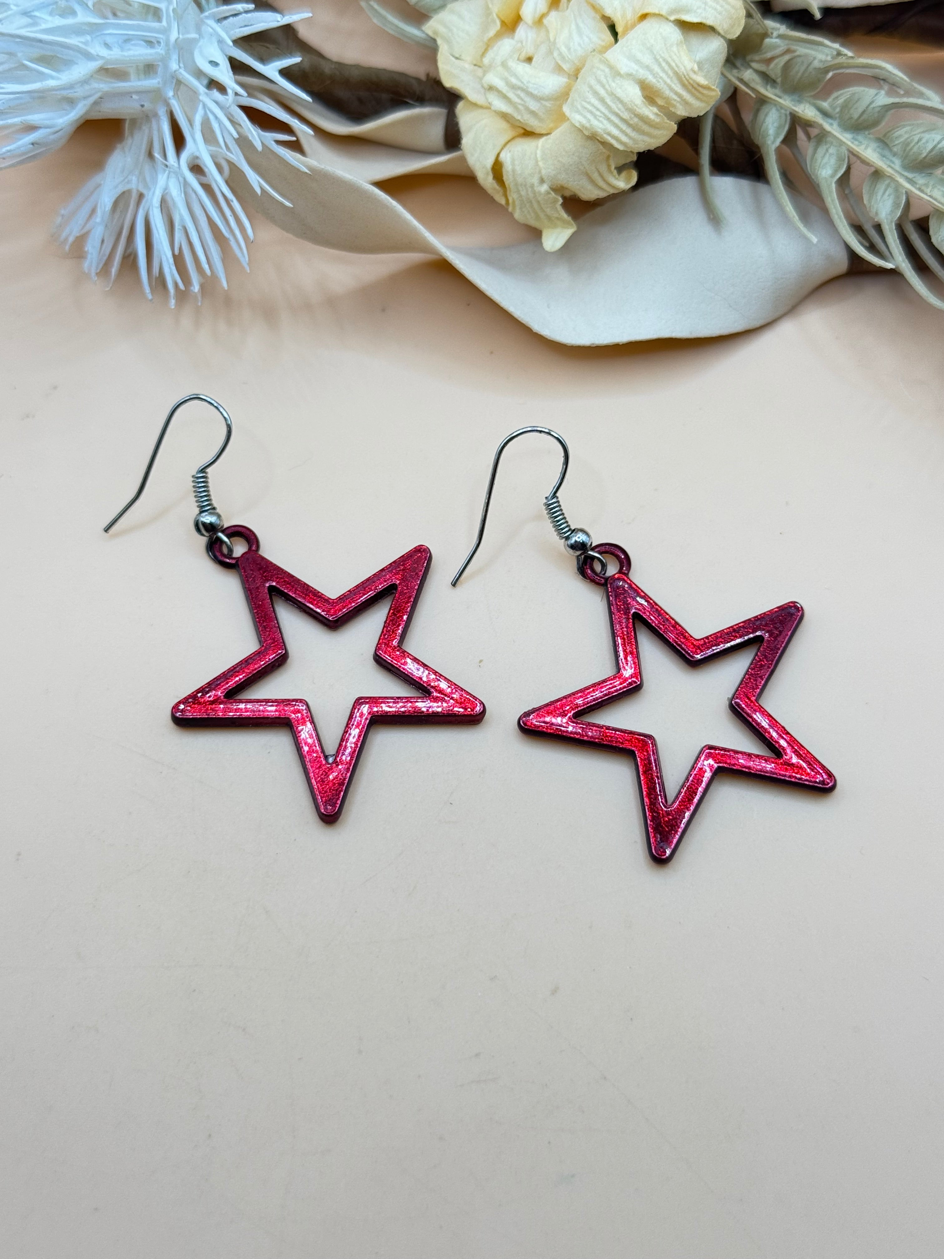 Red Metallic Open Star Dangle Earrings Silver Tone Pierced