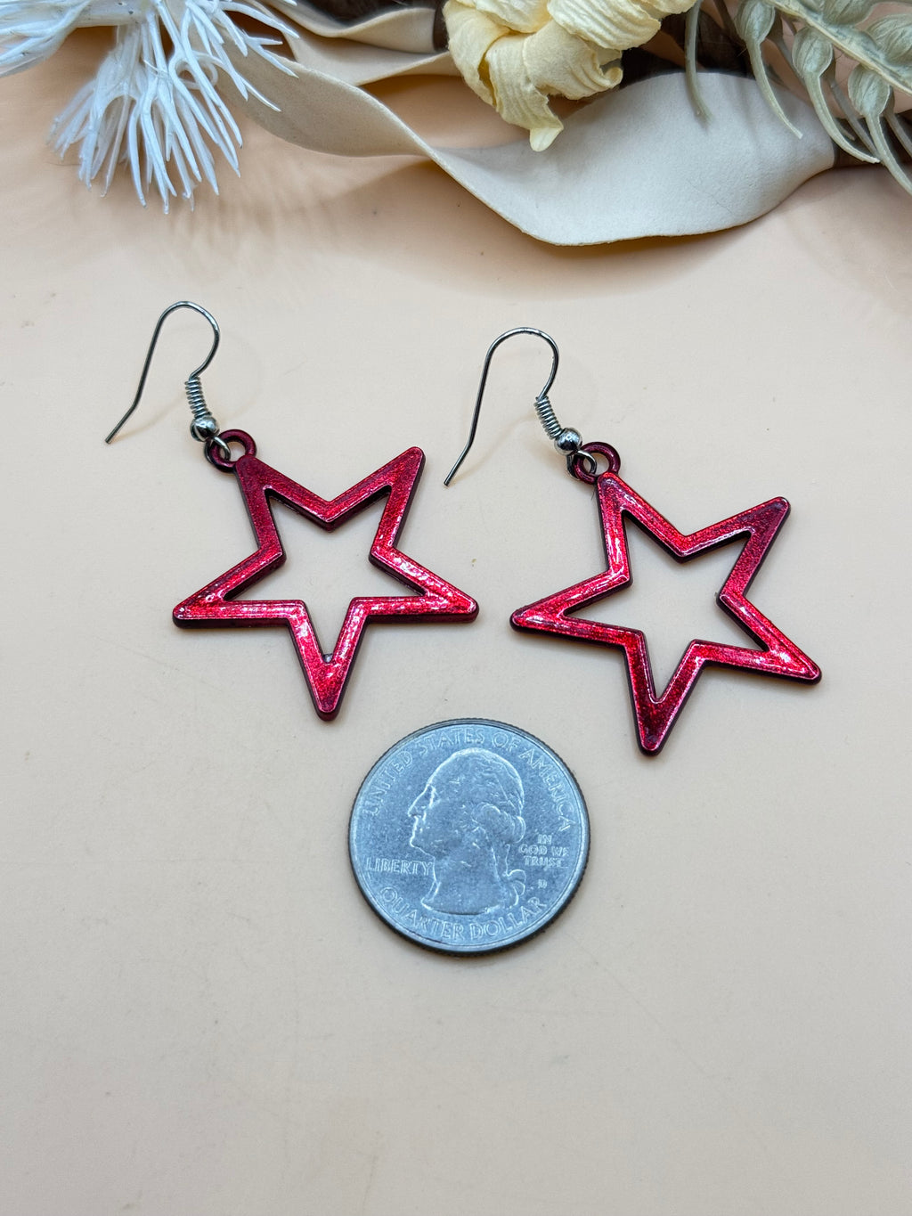 Red Metallic Open Star Dangle Earrings Silver Tone Pierced