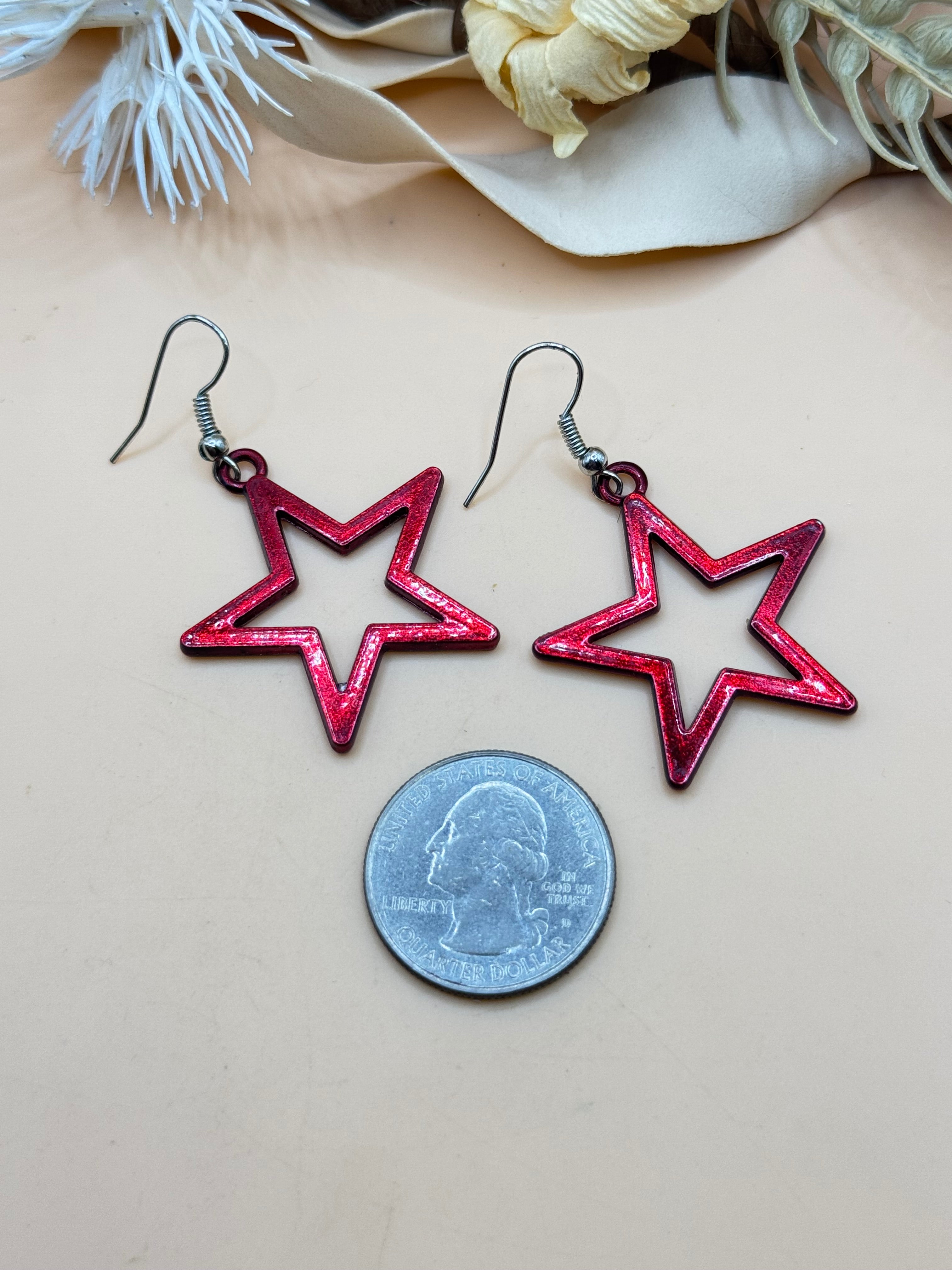 Red Metallic Open Star Dangle Earrings Silver Tone Pierced