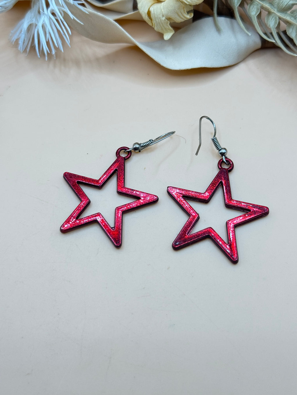 Red Metallic Open Star Dangle Earrings Silver Tone Pierced