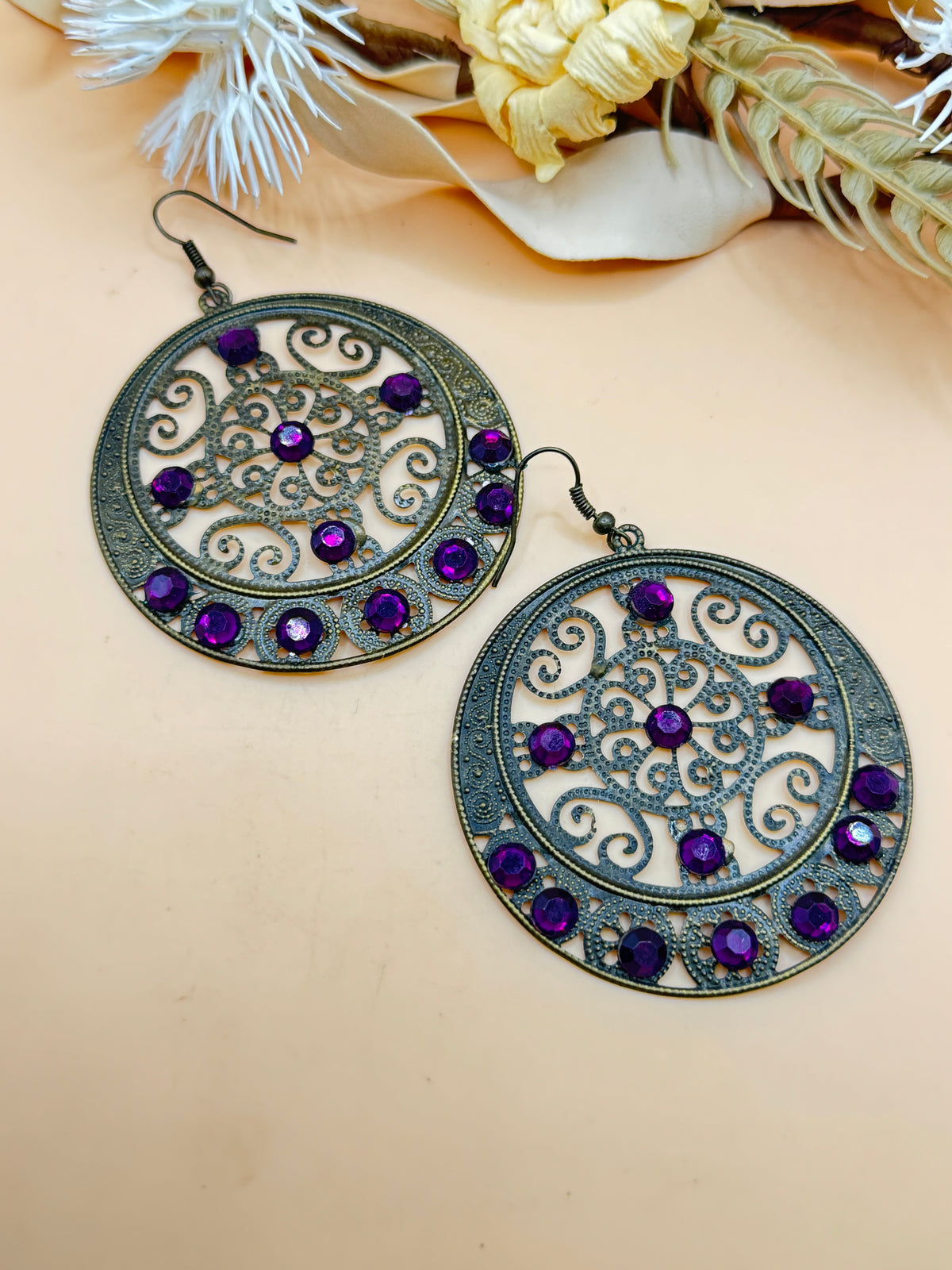 Vintage Purple Rhinestone Filigree Round Dangle Earrings Antique Gold Tone