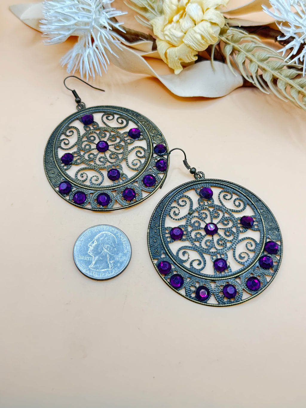 Vintage Purple Rhinestone Filigree Round Dangle Earrings Antique Gold Tone