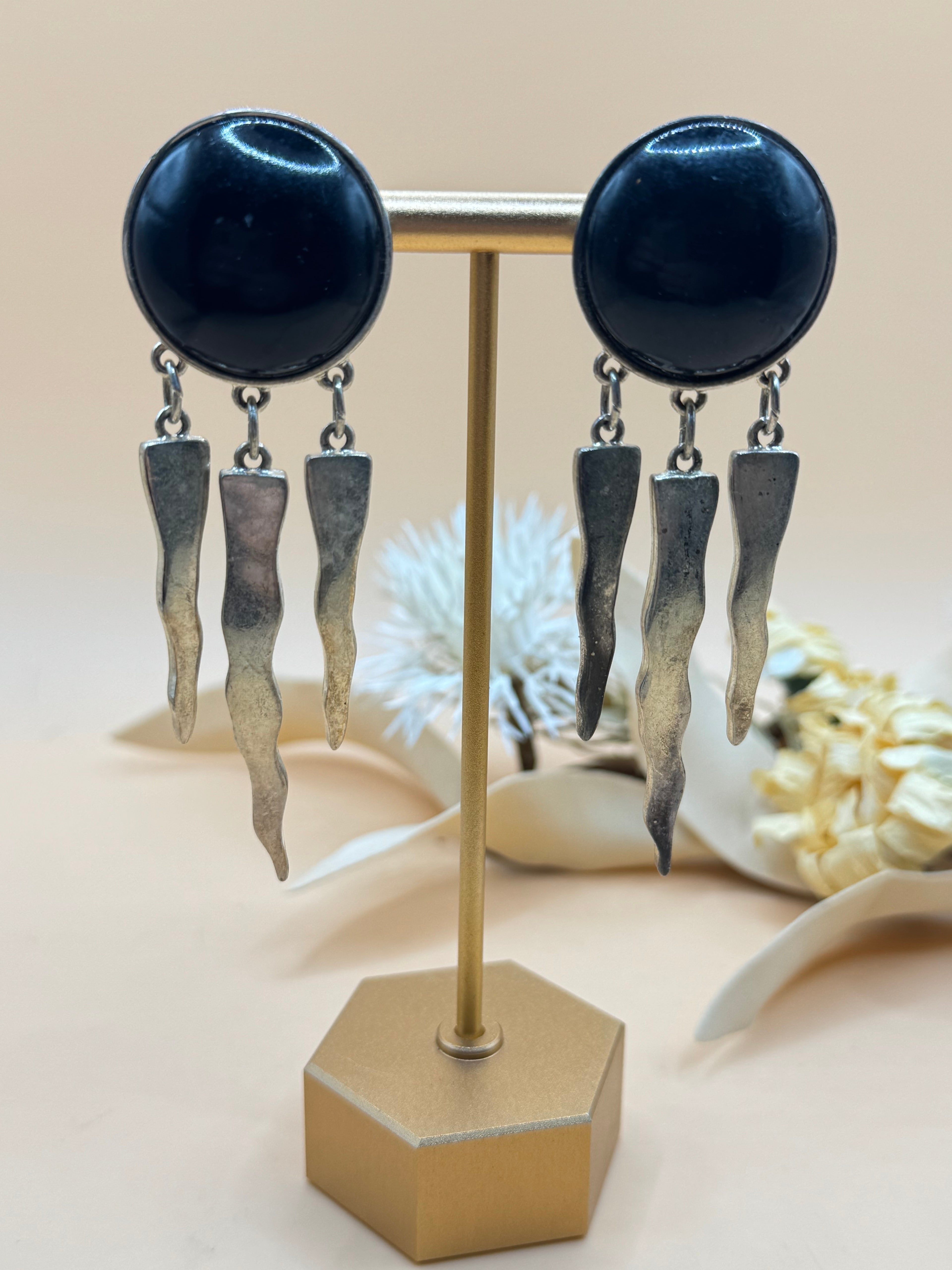 Black Cabochon Silver Tone Clip On Dangle Statement Earrings