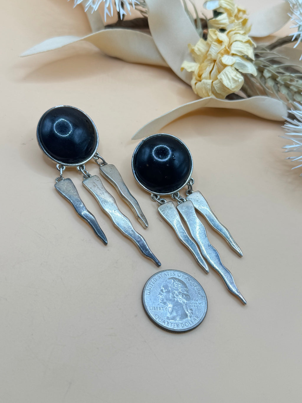 Black Cabochon Silver Tone Clip On Dangle Statement Earrings