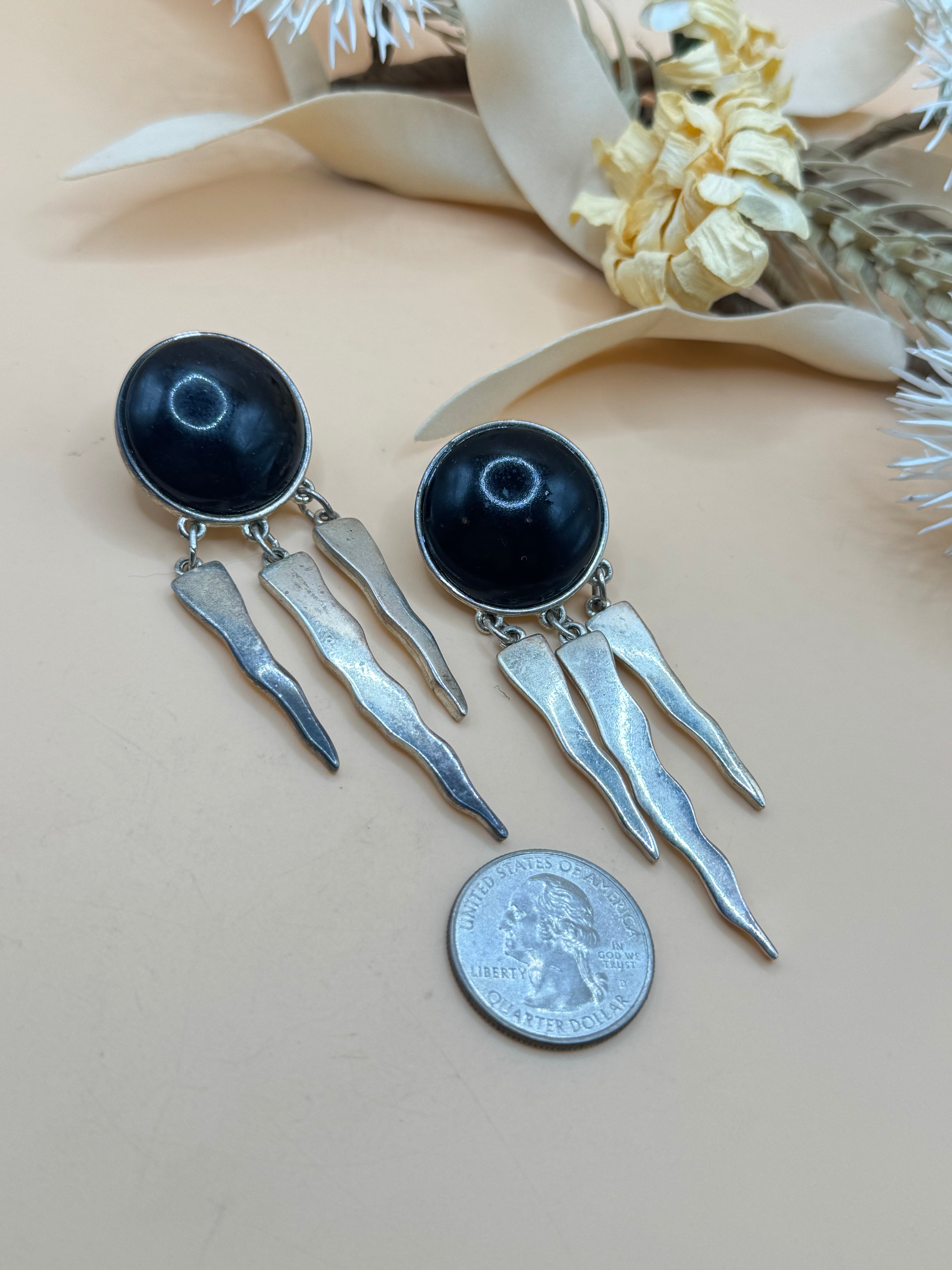 Black Cabochon Silver Tone Clip On Dangle Statement Earrings