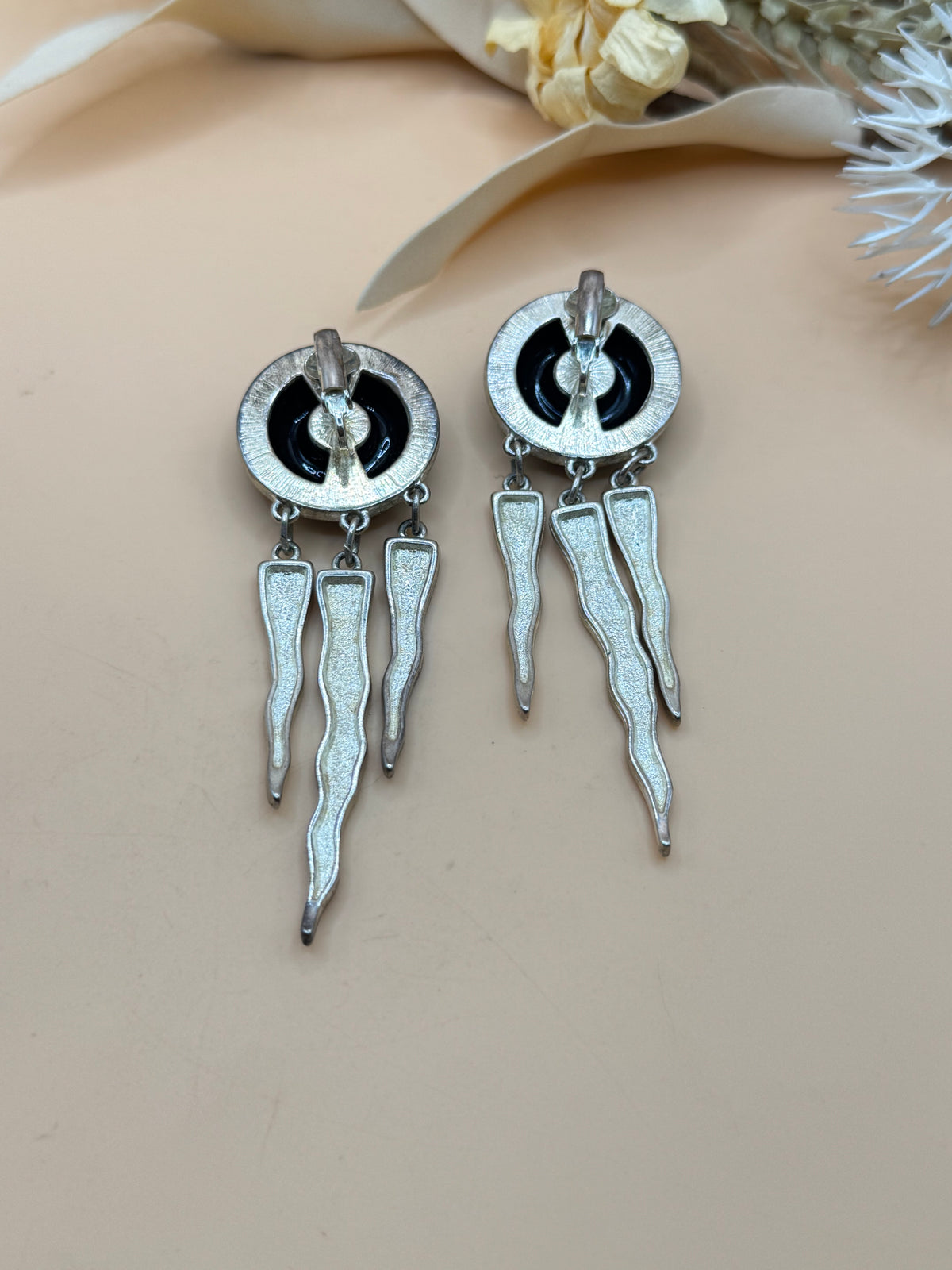 Black Cabochon Silver Tone Clip On Dangle Statement Earrings