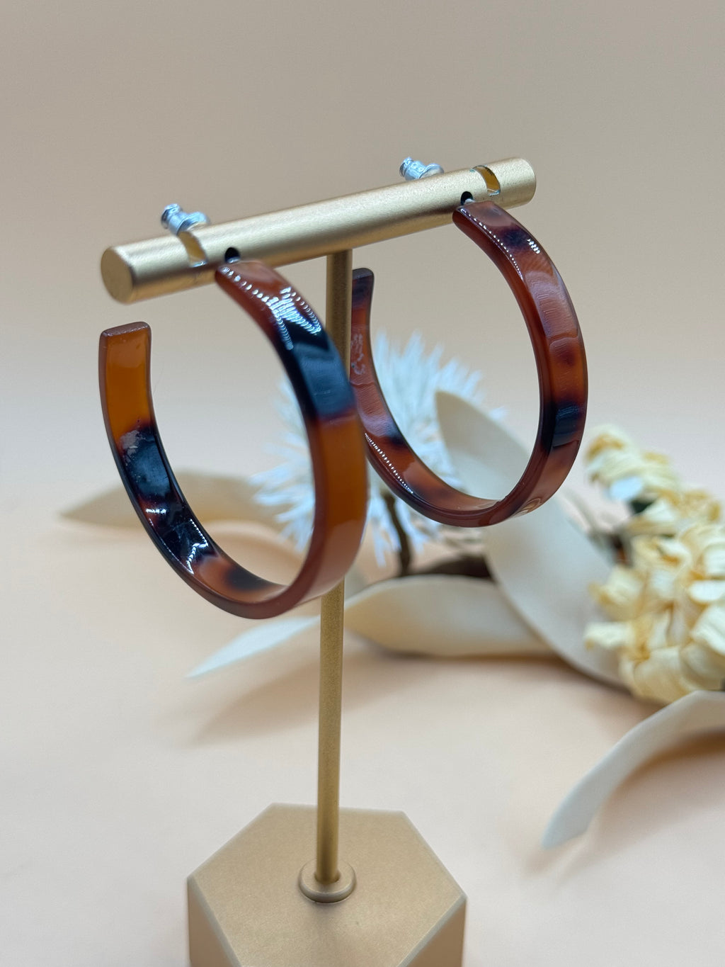 Brown Tortoiseshell Acrylic Open Hoop Pierced Earrings Statement Jewelry