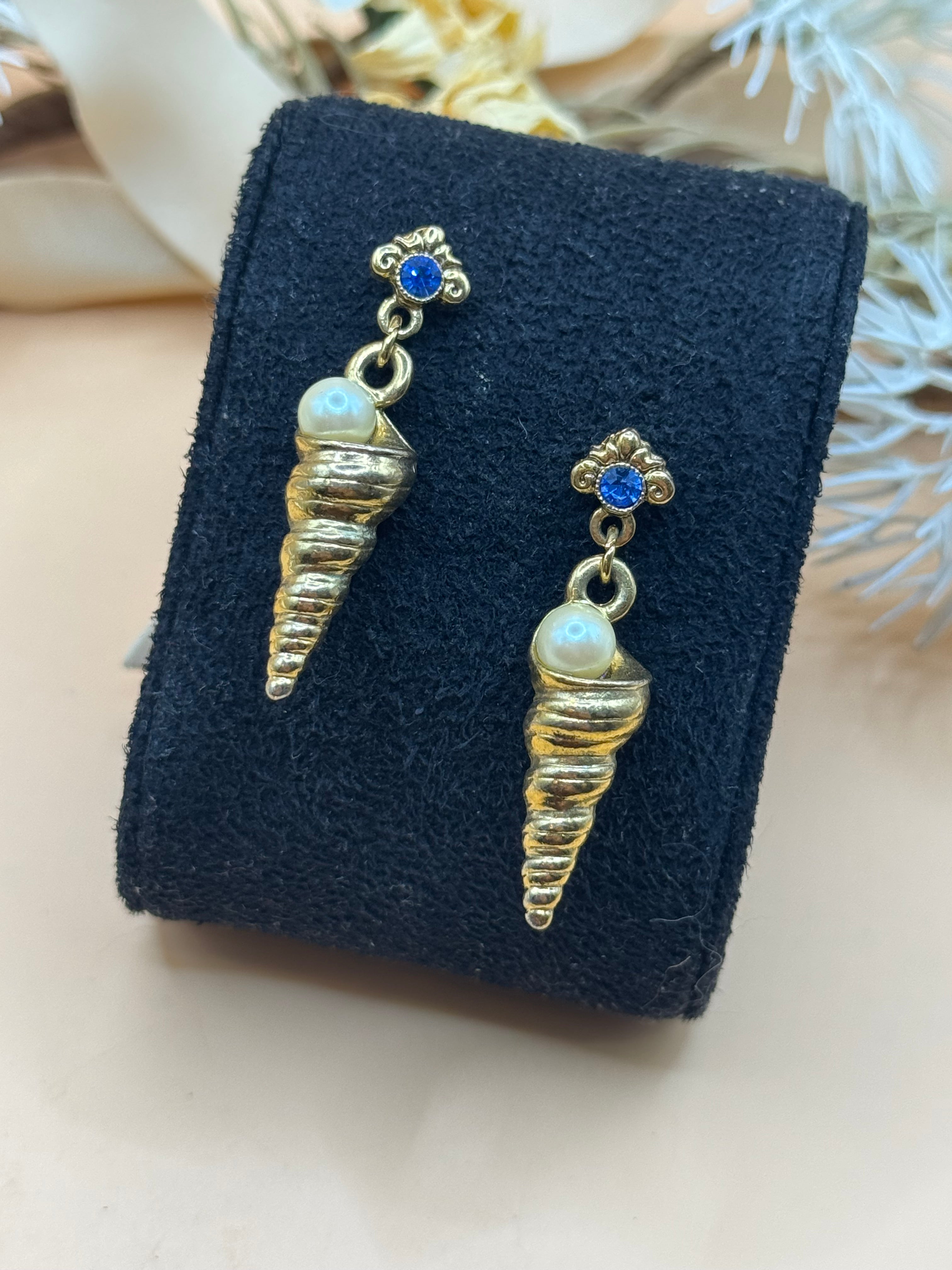 Gold Tone Seashell Faux Pearl Blue Rhinestone Dangle Pierced Earrings