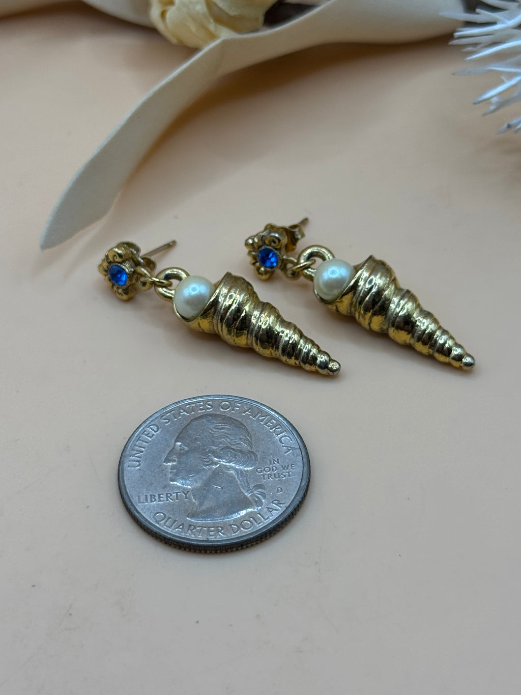 Gold Tone Seashell Faux Pearl Blue Rhinestone Dangle Pierced Earrings