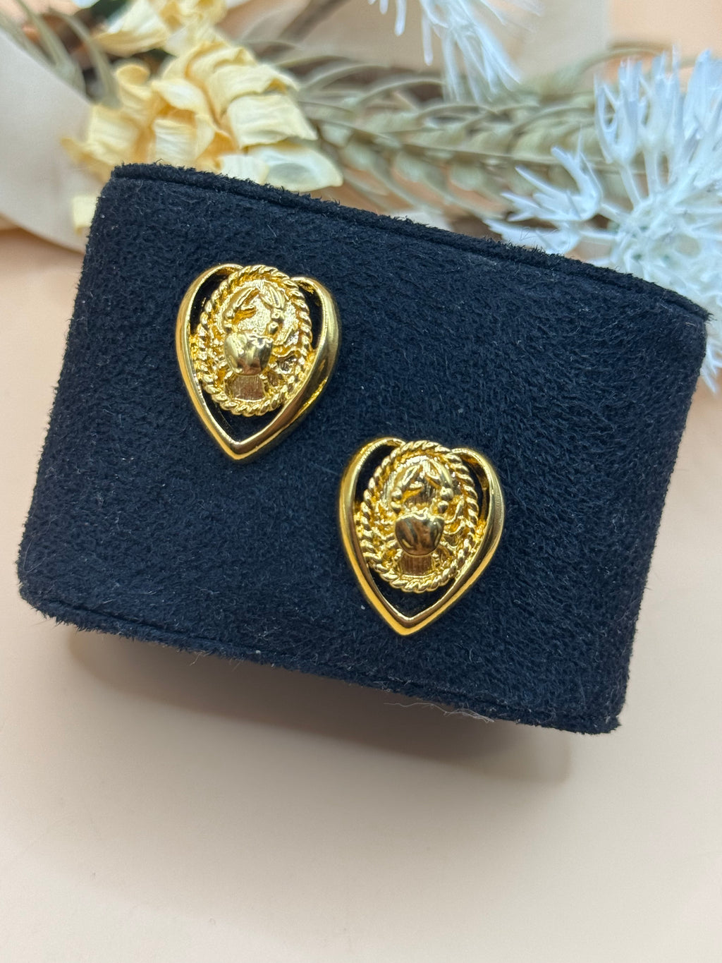 Gold Tone Crab Medallion Heart Pierced Stud Earrings