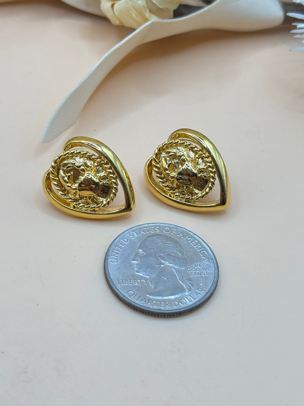 Gold Tone Crab Medallion Heart Pierced Stud Earrings