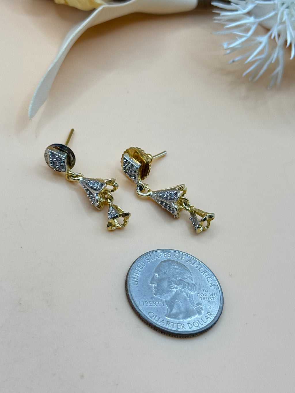 Vintage Gold Tone Clear Rhinestone Dangle Pierced Earrings