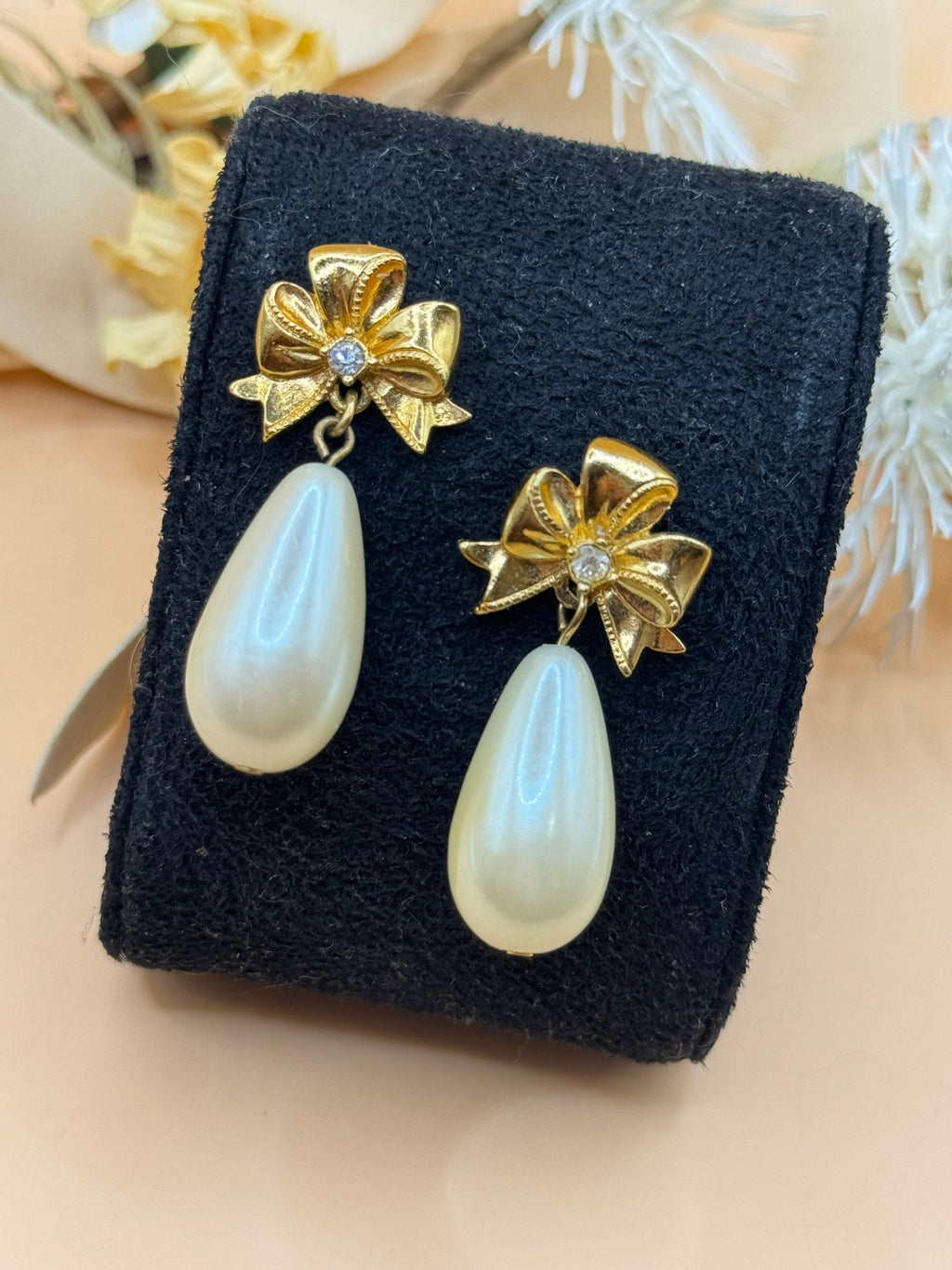 Vintage Gold Tone Bow Faux Pearl Rhinestone Dangle Pierced Earrings