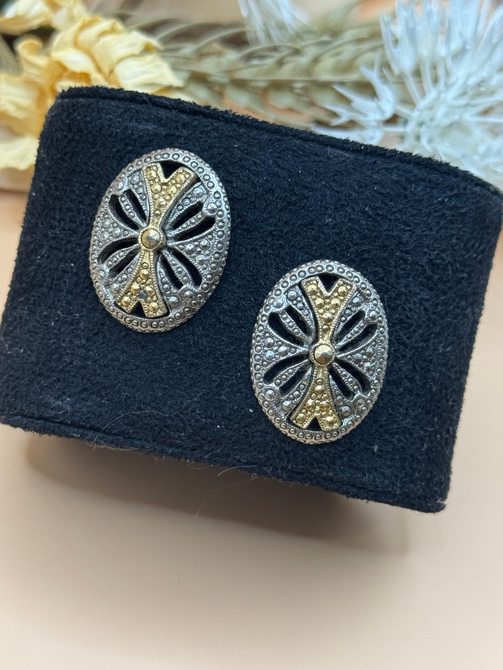 Vintage 1928 Two Tone Silver Gold Tone Oval Openwork Pierced Earrings