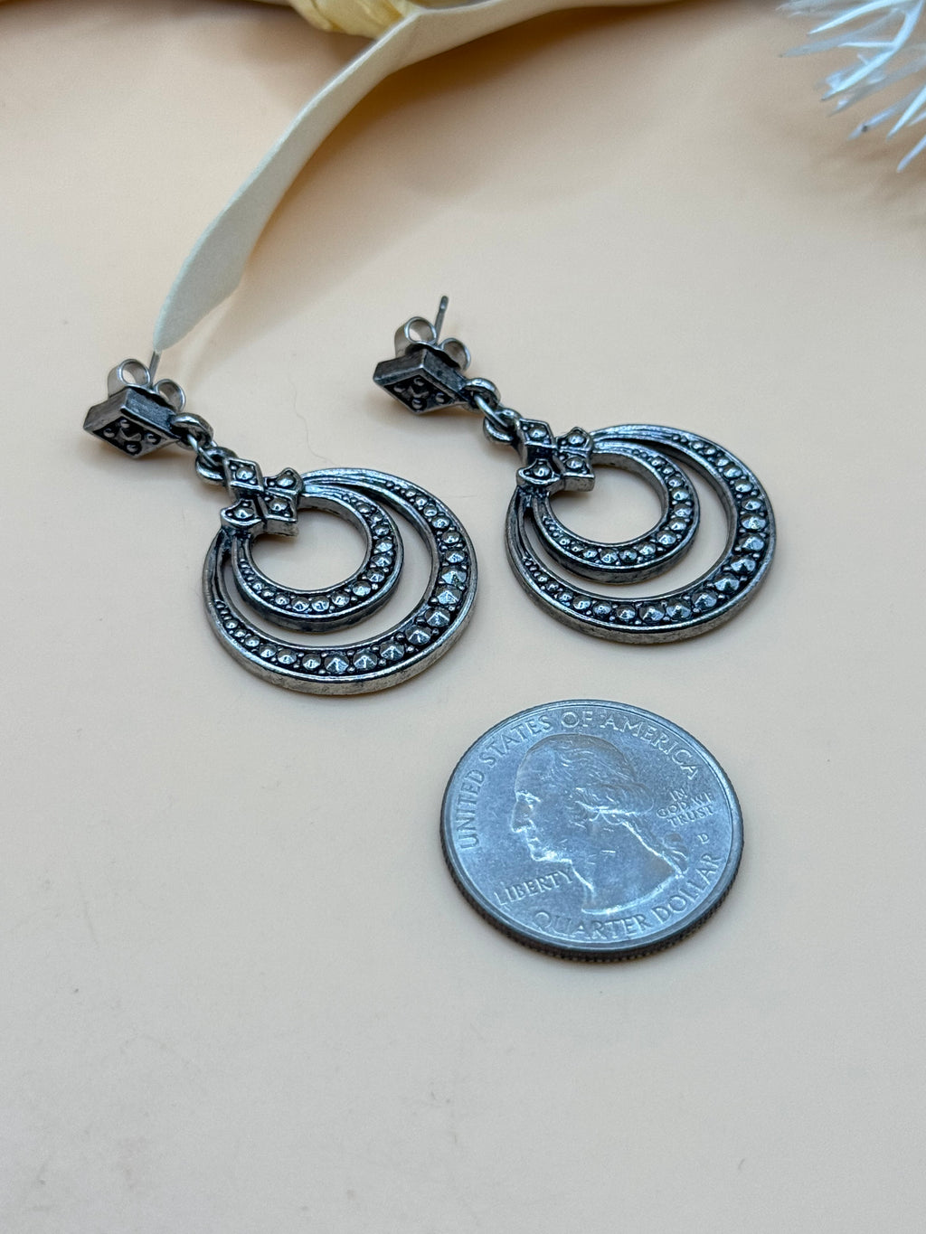 Vintage Avon Silver Tone Double Hoop Dangle Pierced Earrings