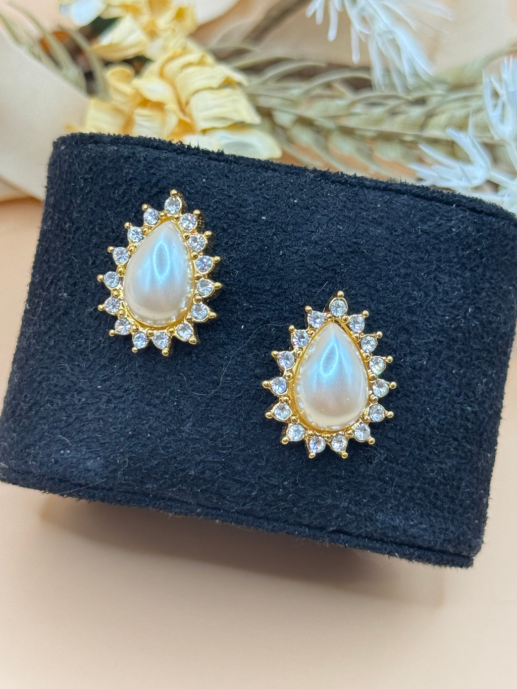 Vintage Monet Gold Tone Faux Pearl Rhinestone Teardrop Pierced Earrings