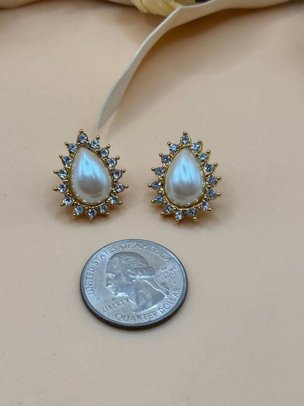 Vintage Monet Gold Tone Faux Pearl Rhinestone Teardrop Pierced Earrings