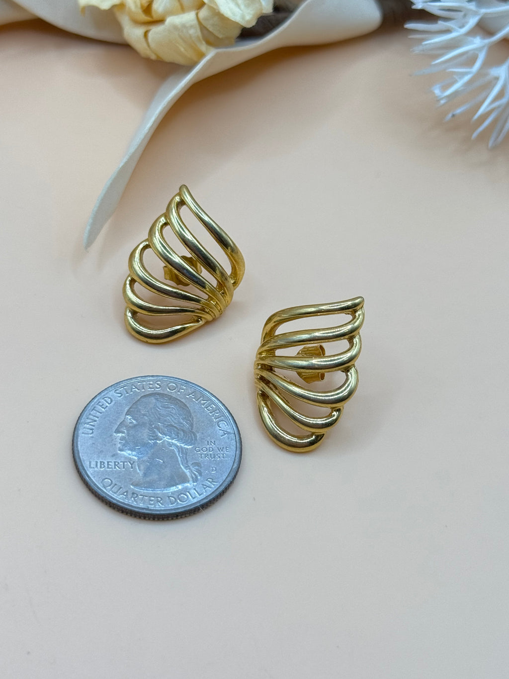 Vintage Monet Gold Tone Openwork Fan Swirl Pierced Earrings