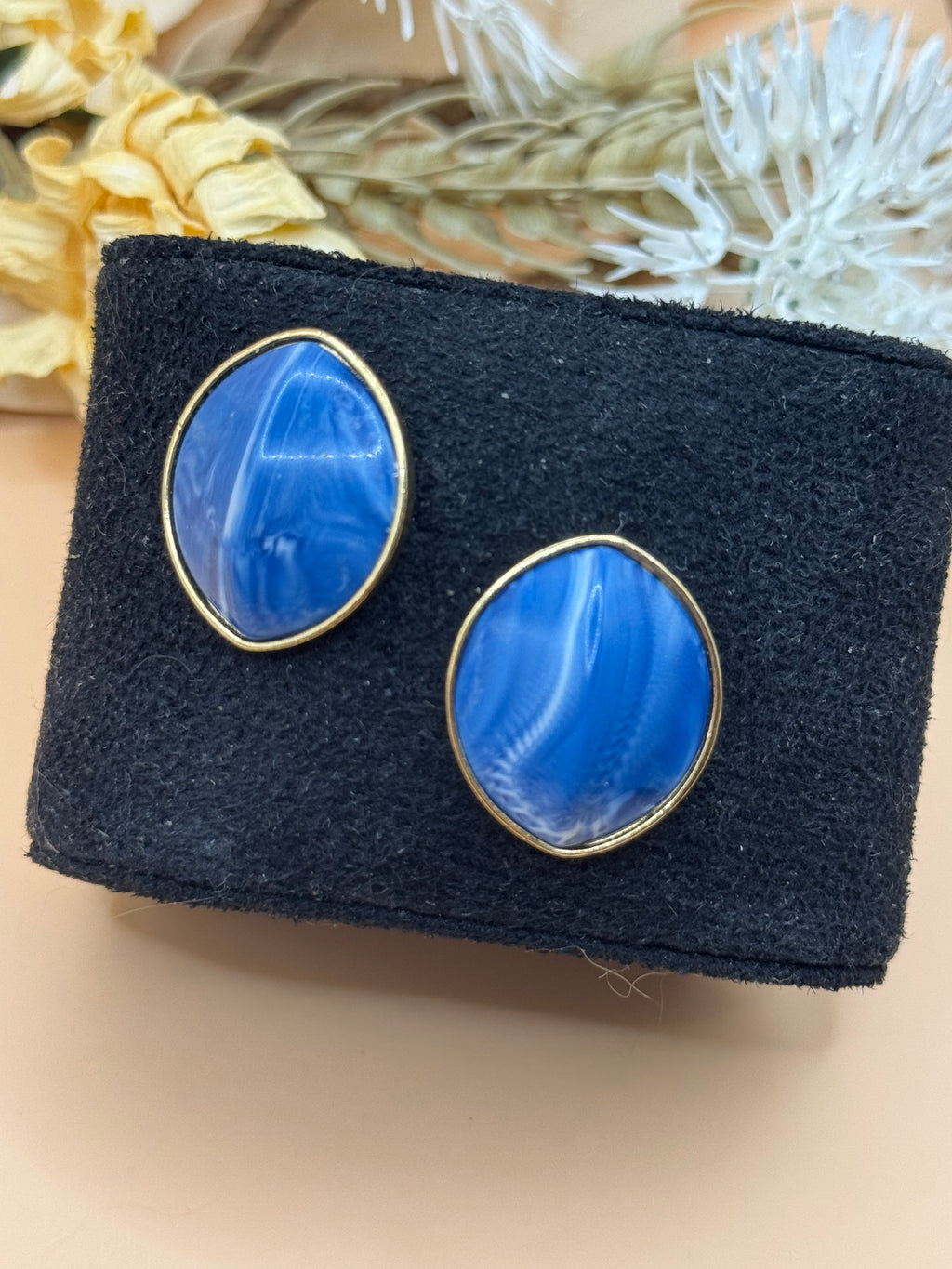 Blue Marbled Oval Gold Tone Pierced Statement Earrings