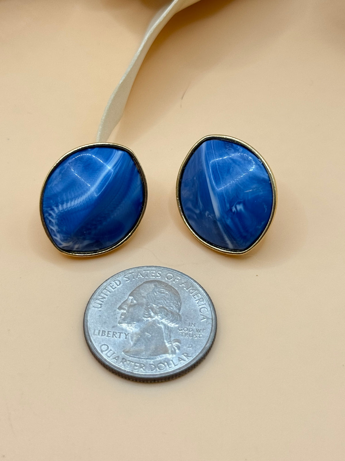 Blue Marbled Oval Gold Tone Pierced Statement Earrings