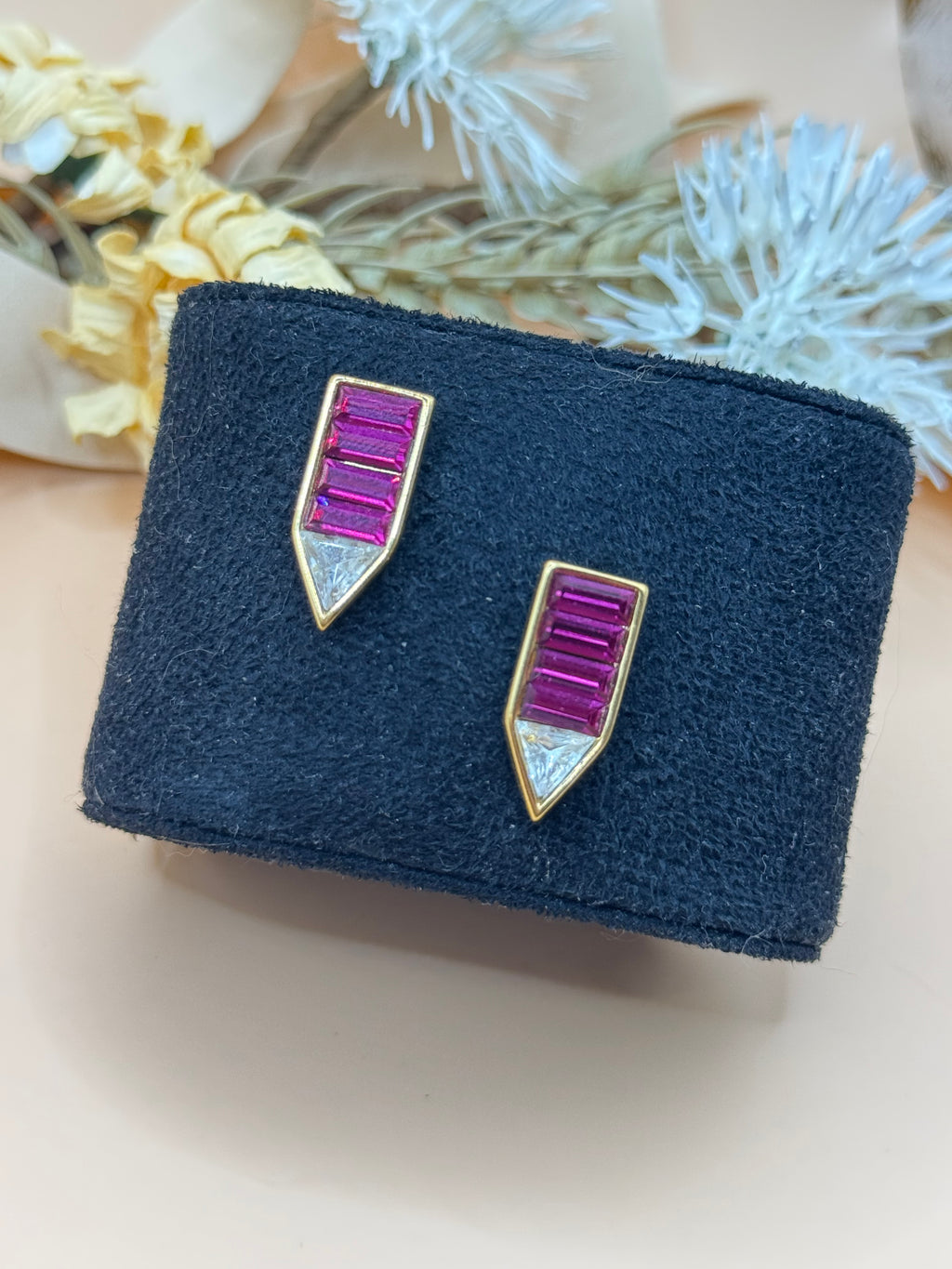Vintage Monet Fuchsia Rhinestone Gold Tone Geometric Pierced Earrings