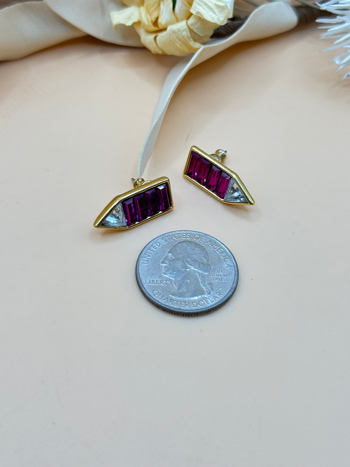 Vintage Monet Fuchsia Rhinestone Gold Tone Geometric Pierced Earrings