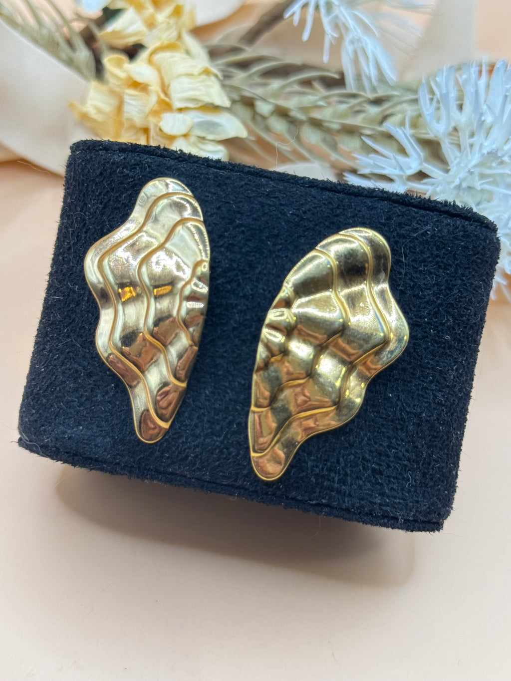 Vintage Gold Tone Wavy Abstract Statement Pierced Earrings