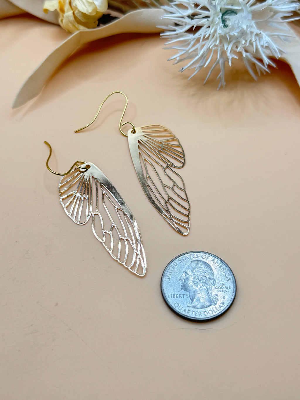 Gold Tone Butterfly Wing Filigree Dangle Hook Earrings