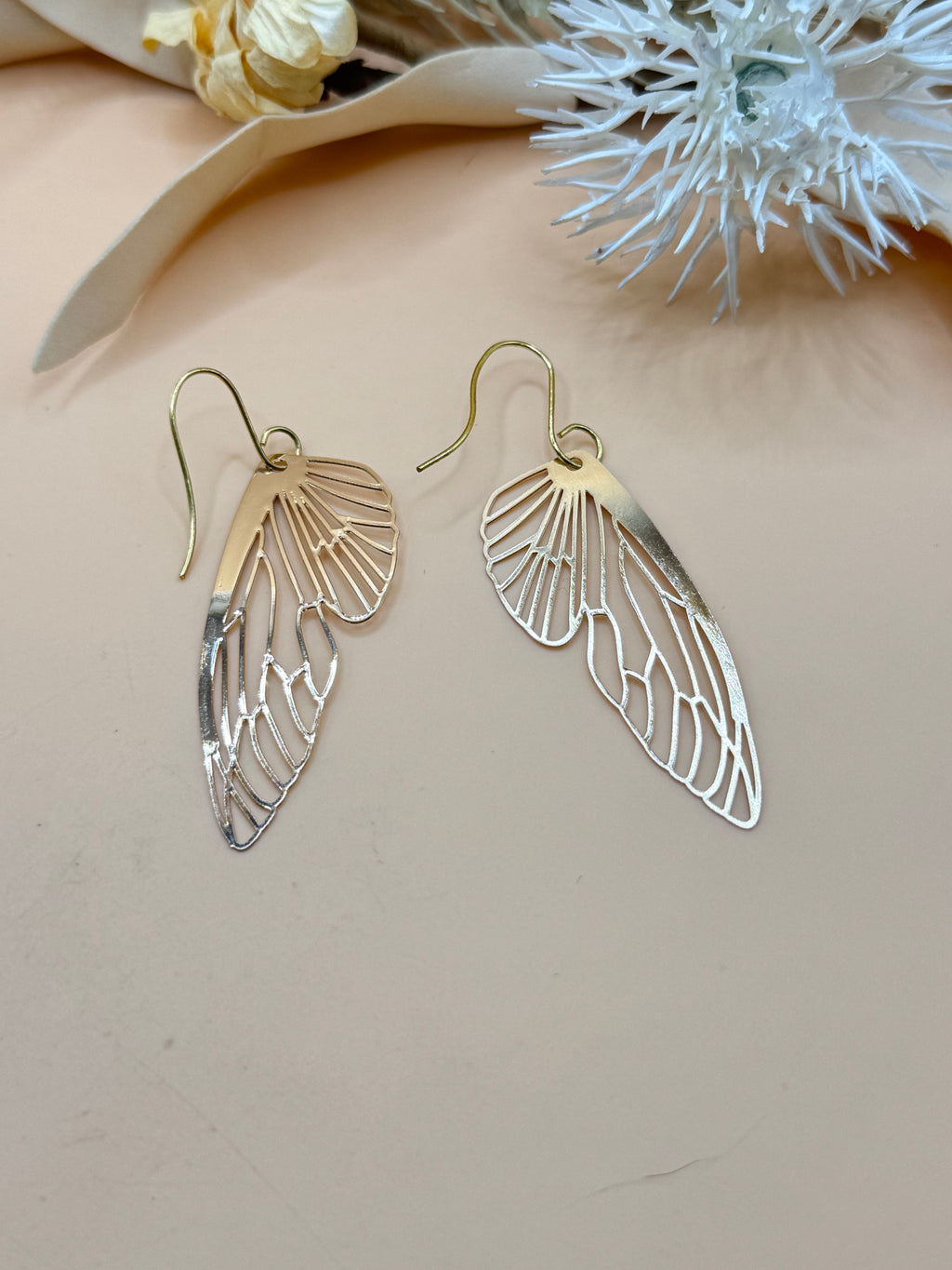 Gold Tone Butterfly Wing Filigree Dangle Hook Earrings